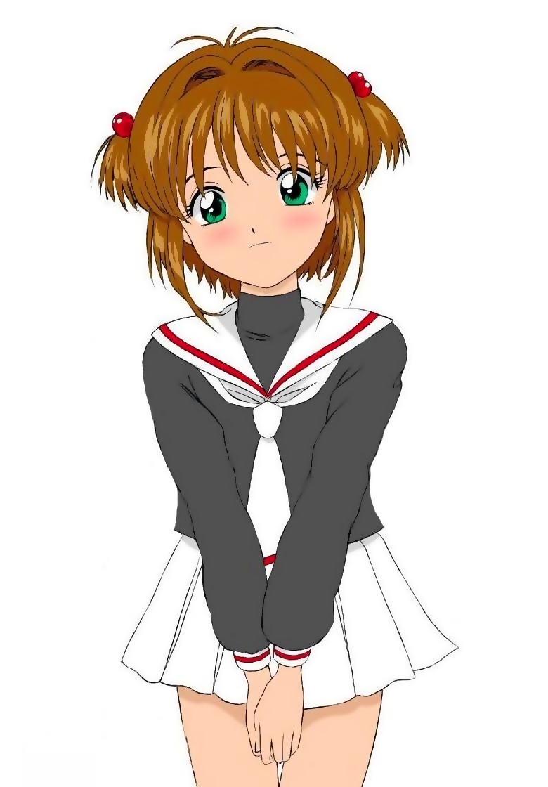 1girl, brown_hair, card_captor_sakura, cardcaptor_sakura, eyebrows_behind_hair, green_eyes, hair_ornament, hands_together, kinomoto_sakura, official_art, school_uniform, skirt, tie, tsukiyo_no_ribbon, white_background, white_skirt