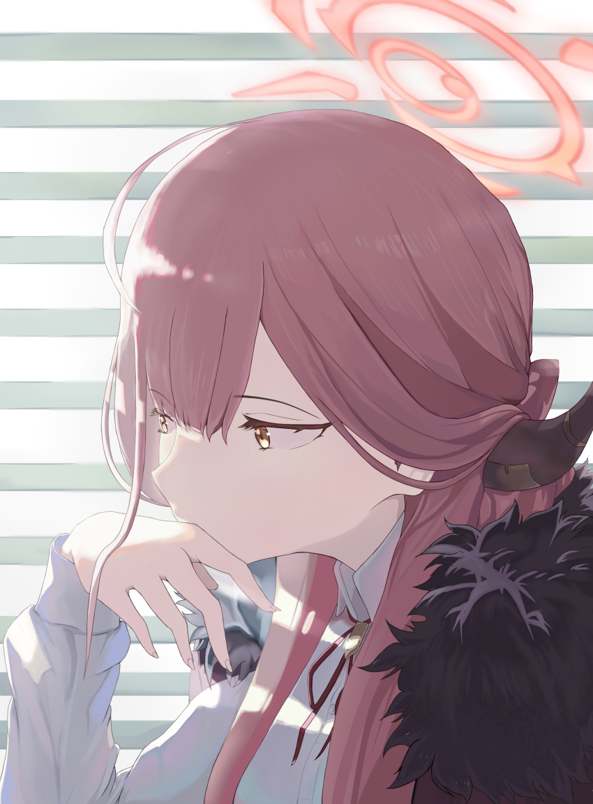 1girl, absurdres, aru_(blue_archive), bangs, blinders, blue_archive, blunt_bangs, coat, coat_on_shoulders, collared_shirt, demon_horns, fur-trimmed_coat, fur_collar, fur_trim, halo, highres, hikkio, horns, jacket, jacket_on_shoulders, long_sleeves, looking_away, neck_ribbon, pink_hair, ribbon, shirt, sleeve_cuffs, solo, yellow_eyes