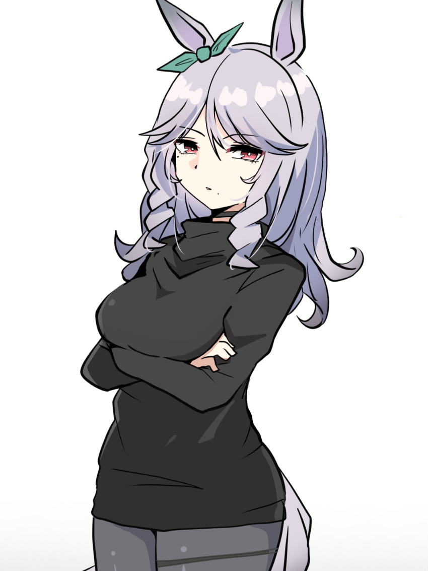 1girl, aqua_bow, arms_under_breasts, bangs, black_sweater, bow, commentary_request, cowboy_shot
