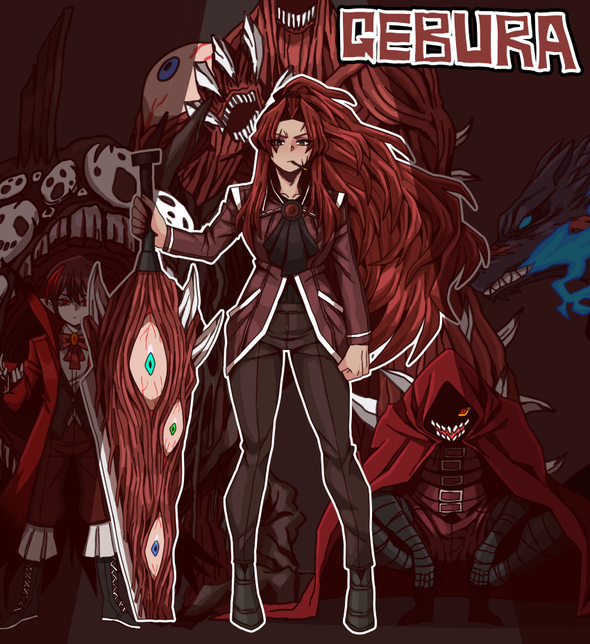 1boy, 2girls, absurdres, alcohol, ascot, b2k, bandaged_arm, bandaged_leg, bandages, big_and_will_be_bad_wolf, black_ascot, black_eyes, black_footwear, black_shirt, blue_fire, boots, bow, bowtie, brown_hair, brown_pants, brown_vest, character_name, cigarette, clenched_hand, cloak, colored_sclera, cup, curtained_hair, drinking_glass, e.g.o_(project_moon), extra_eyes, fire, full_body, gebura_(project_moon), hair_between_eyes, heterochromia, highres, holding, holding_cup, holding_sword, holding_weapon, hood, hood_up, hooded_cloak, jacket, library_of_ruina, little_red_riding_hooded_mercenary, long_hair, looking_at_viewer, monster, mountain_of_smiling_bodies, multicolored_hair, multiple_girls, nosferatu_(project_moon), nothing_there, outline, pants, planted, planted_sword, pointy_ears, ponytail, project_moon, red_bow, red_bowtie, red_cloak, red_eyes, red_jacket, red_pants, red_theme, redhead, scar, scar_across_eye, scar_on_face, shaded_face, sharp_teeth, shirt, short_hair, smoking, spotlight, squatting, streaked_hair, sword, teeth, vest, weapon, white_outline, white_shirt, wine, wine_glass, wolf, yellow_eyes, yellow_sclera