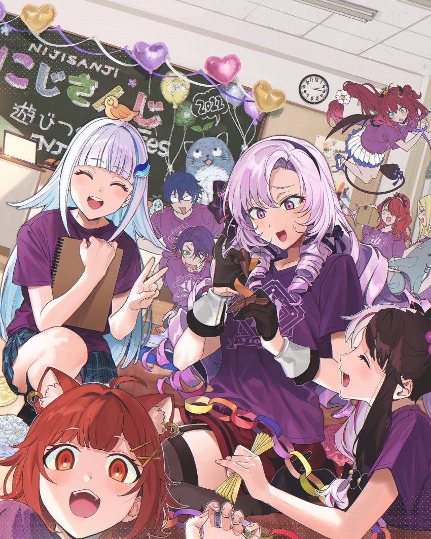 animal_ears, bon_(o_s_s_o_i), chalkboard, classroom, drill_hair, flying, gloves, hair_ornament
