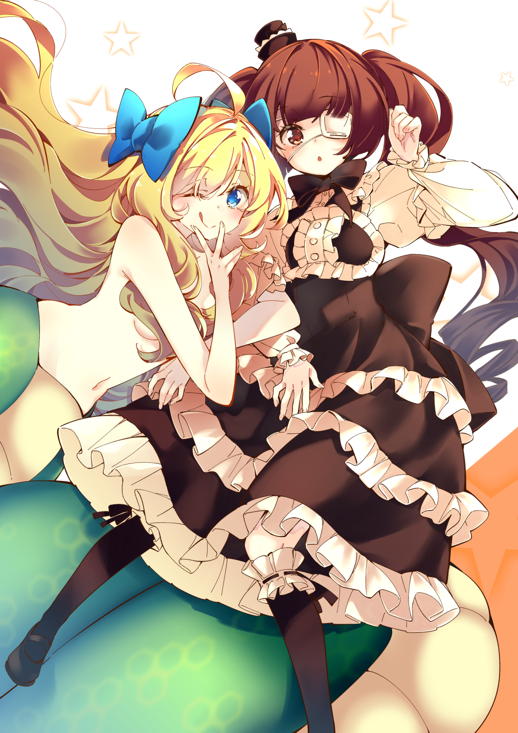 2girls, ahoge, bangs, black_footwear, black_headwear, blonde_hair, blue_eyes, blue_ribbon