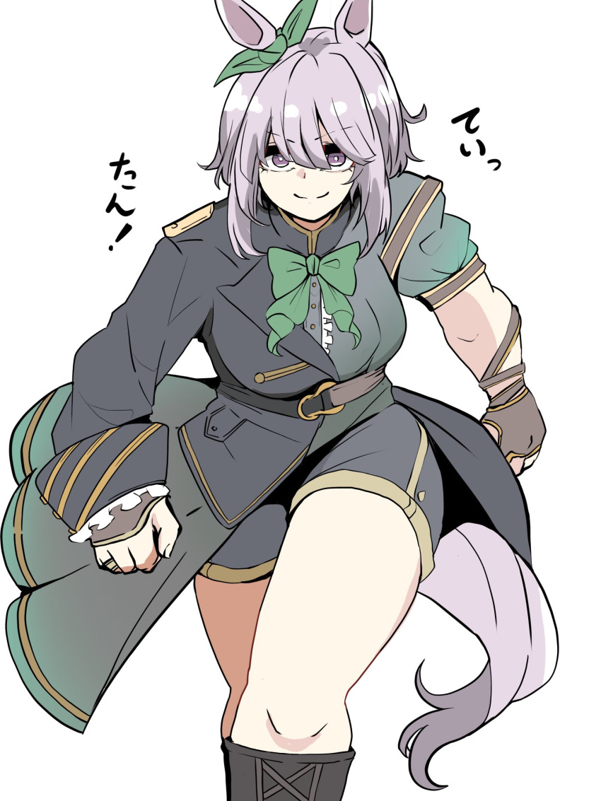 1girl, animal_ears, asymmetrical_gloves, bangs, black_jacket, black_shorts, boots, bow, bowtie, brown_gloves, chest_belt, commentary_request, cowboy_shot, cross-laced_footwear, epaulettes, fingerless_gloves, frilled_sleeves, frills, genderswap, genderswap_(mtf), gloves, gold_trim, green_bow, green_bowtie, green_shirt, green_skirt, hair_between_eyes, half-skirt, highres, horse_ears, horse_girl, horse_tail, jacket, kawamochi_(tddm3573), knee_boots, lace-up_boots, looking_at_viewer, medium_hair, mejiro_titan_(racehorse), mismatched_gloves, muscular, muscular_female, original, overskirt, personification, purple_hair, shirt, shorts, sidelocks, simple_background, single_epaulette, single_sleeve, skirt, solo, tail, thick_thighs, thighs, translated, umamusume, v-shaped_eyebrows, violet_eyes, white_background