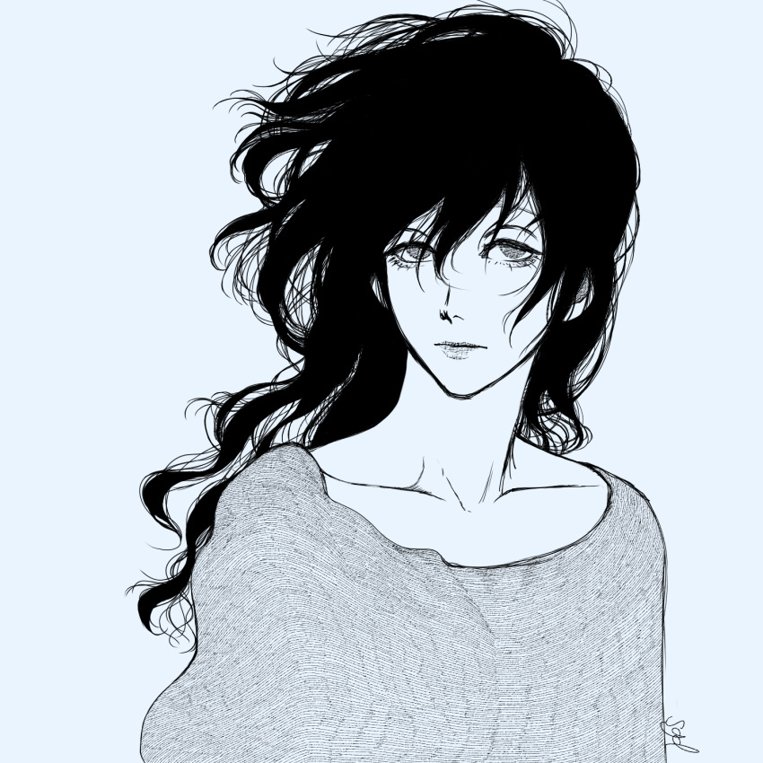 1girl, blue_background, ciel-nuage, closed_mouth, collarbone, eyelashes, greyscale, greyscale_with_colored_background