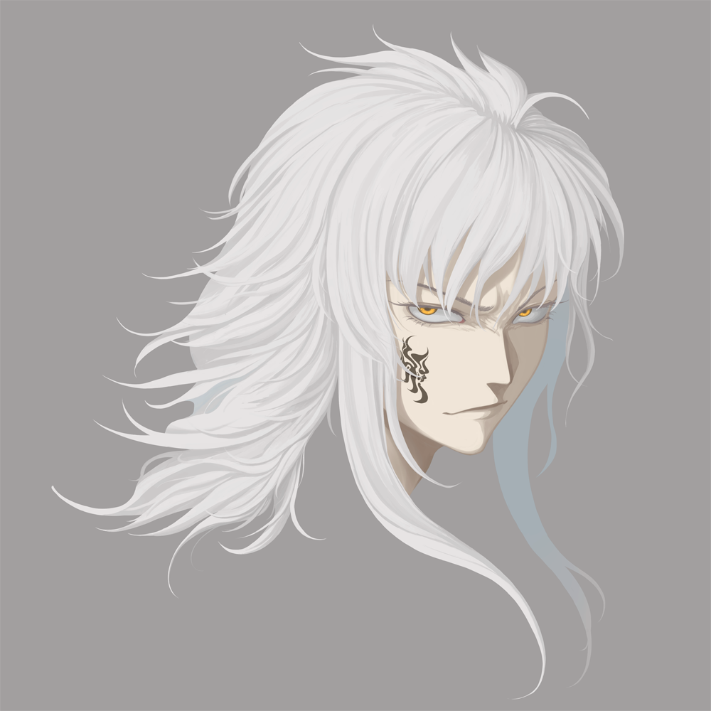1boy, ciel-nuage, close-up, closed_mouth, eyelashes, facial_tattoo, grey_background, hair_between_eyes