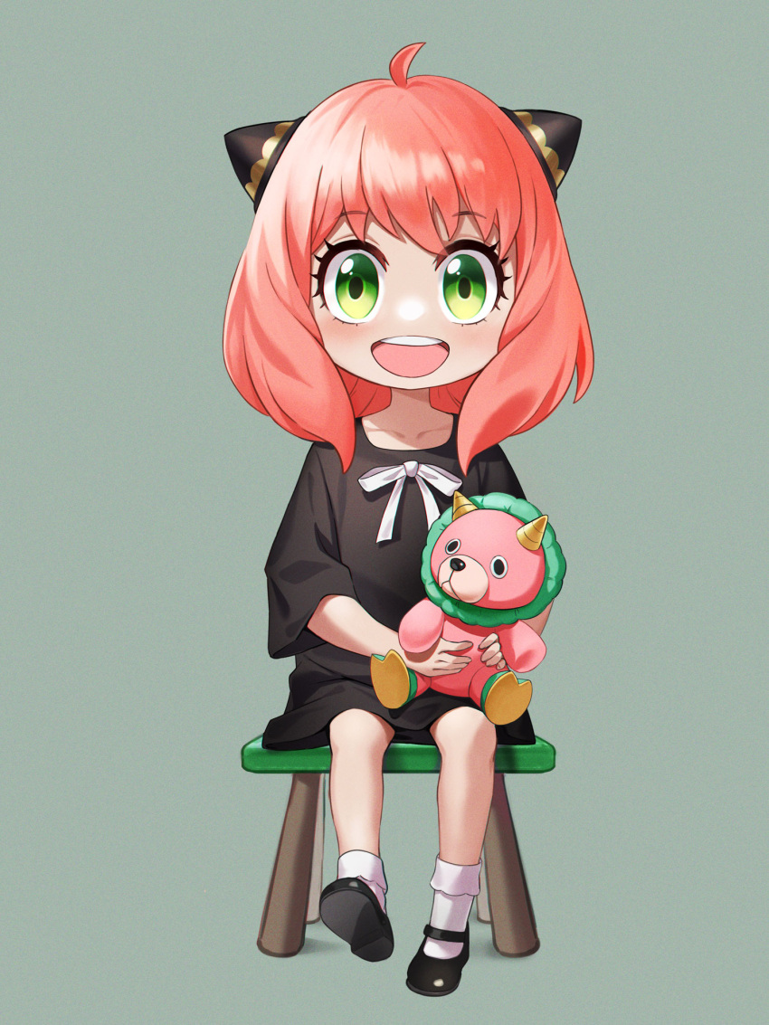 1girl, :d, ahoge, anya_(spy_x_family), bangs, black_dress, black_footwear, chair, child, commentary_request, director_chimera_(spy_x_family), dress, female_child, green_eyes, grey_background, grey_socks, hairpods, highres, himmel_(allsky83), holding, holding_stuffed_toy, medium_hair, pink_hair, shiny, shiny_hair, simple_background, sitting, smile, socks, solo, spy_x_family, stuffed_toy, teeth, upper_teeth