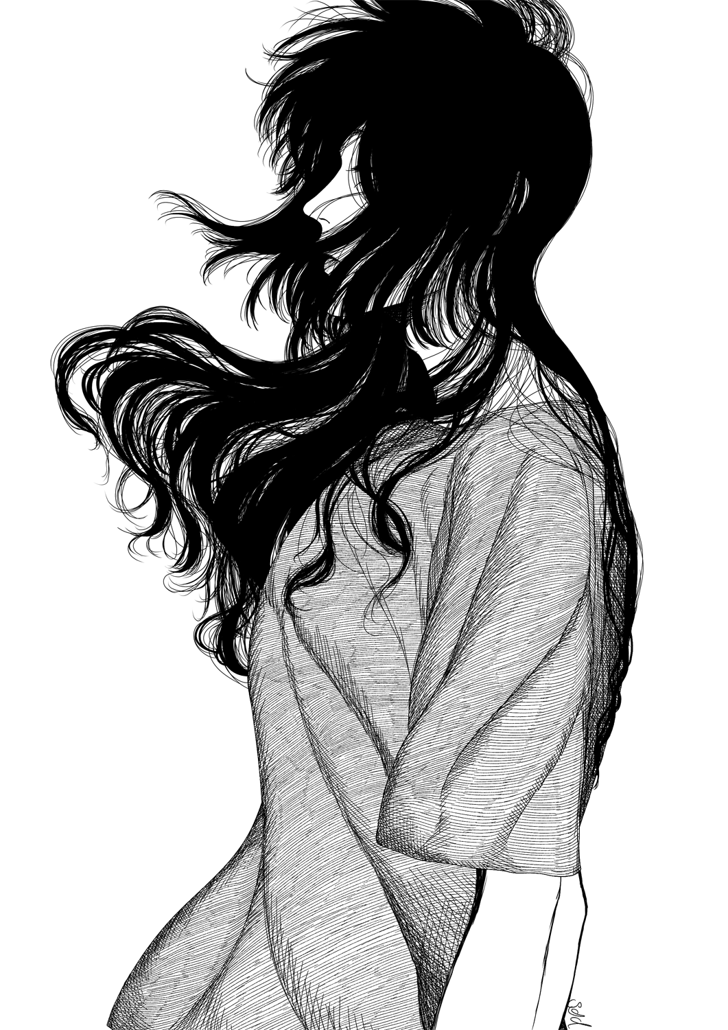 1girl, ciel-nuage, collarbone, eyelashes, greyscale, half-closed_eyes, hatching_(texture), highres