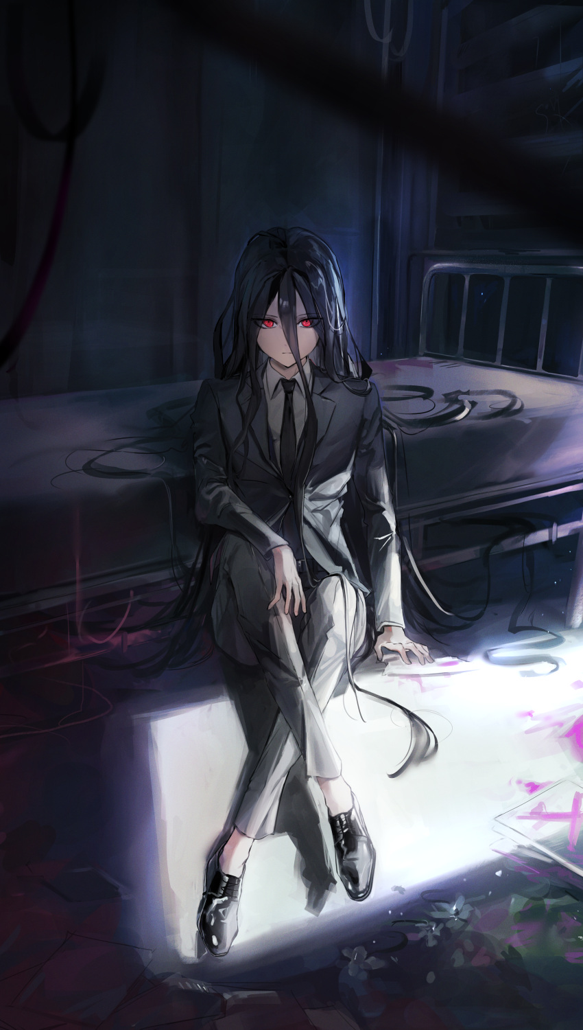 1boy, absurdres, arm_support, bangs, bed, black_footwear, black_hair, black_jacket