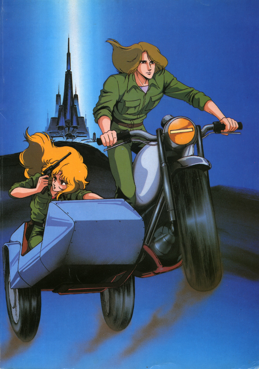 1boy, 1girl, leonardo_medici_bundle, motohashi_hideyuki, motor_vehicle, motorcycle, remy_shimada, sengoku_majin_goshogun