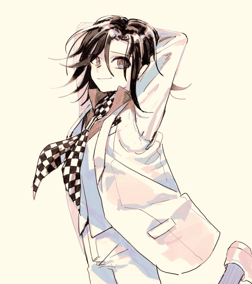 1boy, 50k_v3, arms_behind_head, bangs, brown_eyes, brown_hair, brown_shirt, checkered_clothes