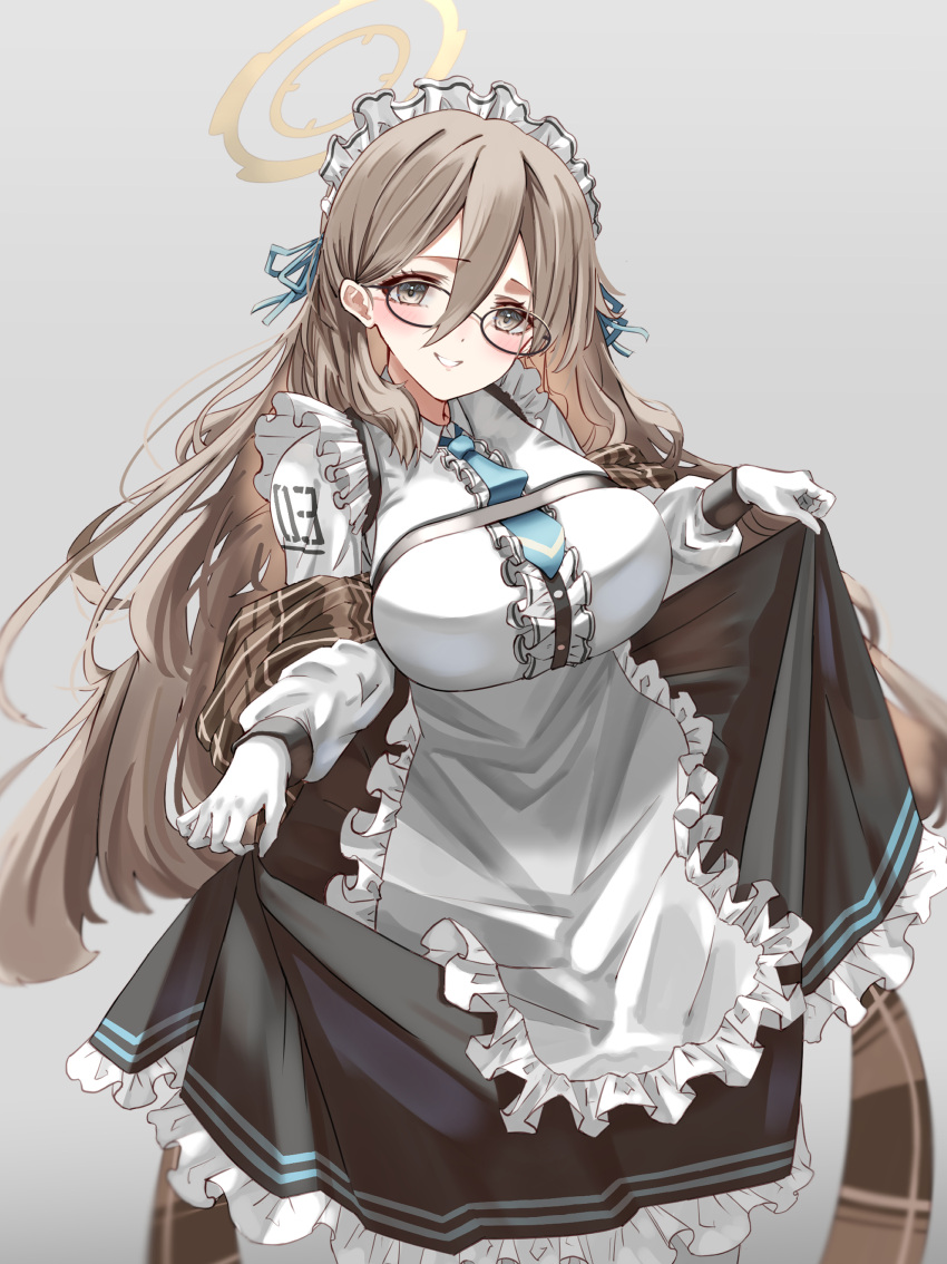 1girl, absurdres, akane_(blue_archive), apron, bangs, blue_archive, blush, breasts, brown_eyes, brown_hair, dress, frills, glasses, gloves, hair_between_eyes, halo, highres, komakomapanic, large_breasts, long_hair, long_sleeves, looking_at_viewer, maid, maid_apron, maid_headdress, necktie, smile, solo, very_long_hair