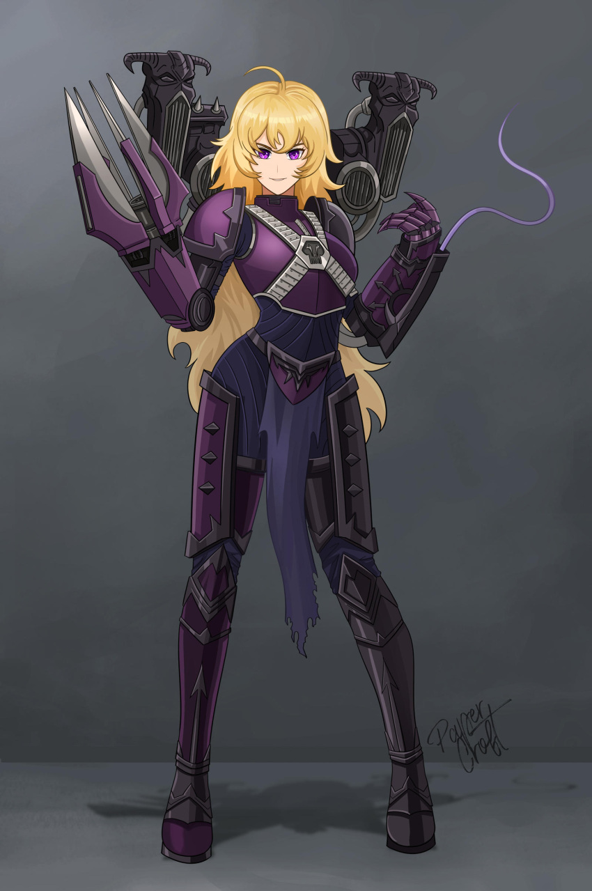 1girl, absurdres, ahoge, armor, blonde_hair, chaos_(warhammer), claws, colored_tongue, commission, crossover, fleur_de_lis, gauntlets, highres, long_hair, papercroft, power_armor, purple_tongue, rwby, slaanesh, slaanesh_(symbol), solo, thigh-highs, violet_eyes, warhammer_40k, wavy_hair, yang_xiao_long
