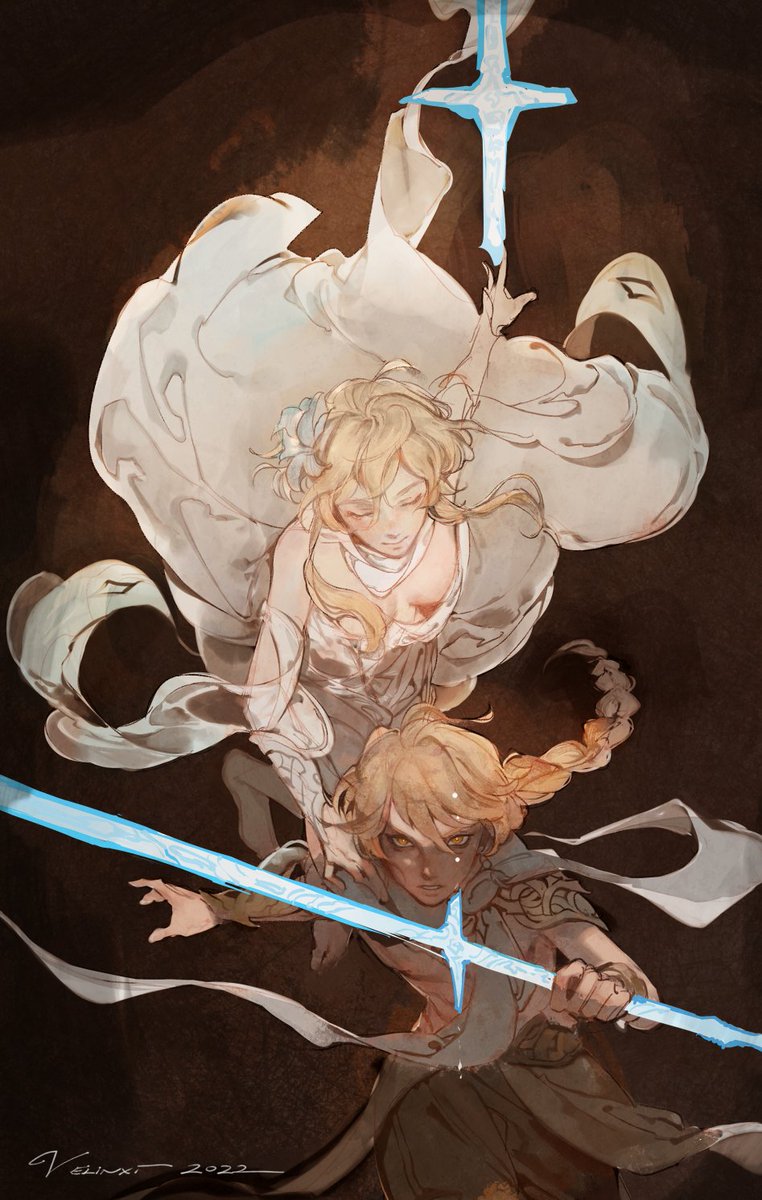 1boy, 1girl, 2022, aether_(genshin_impact), blonde_hair, closed_eyes, dress, genshin_impact