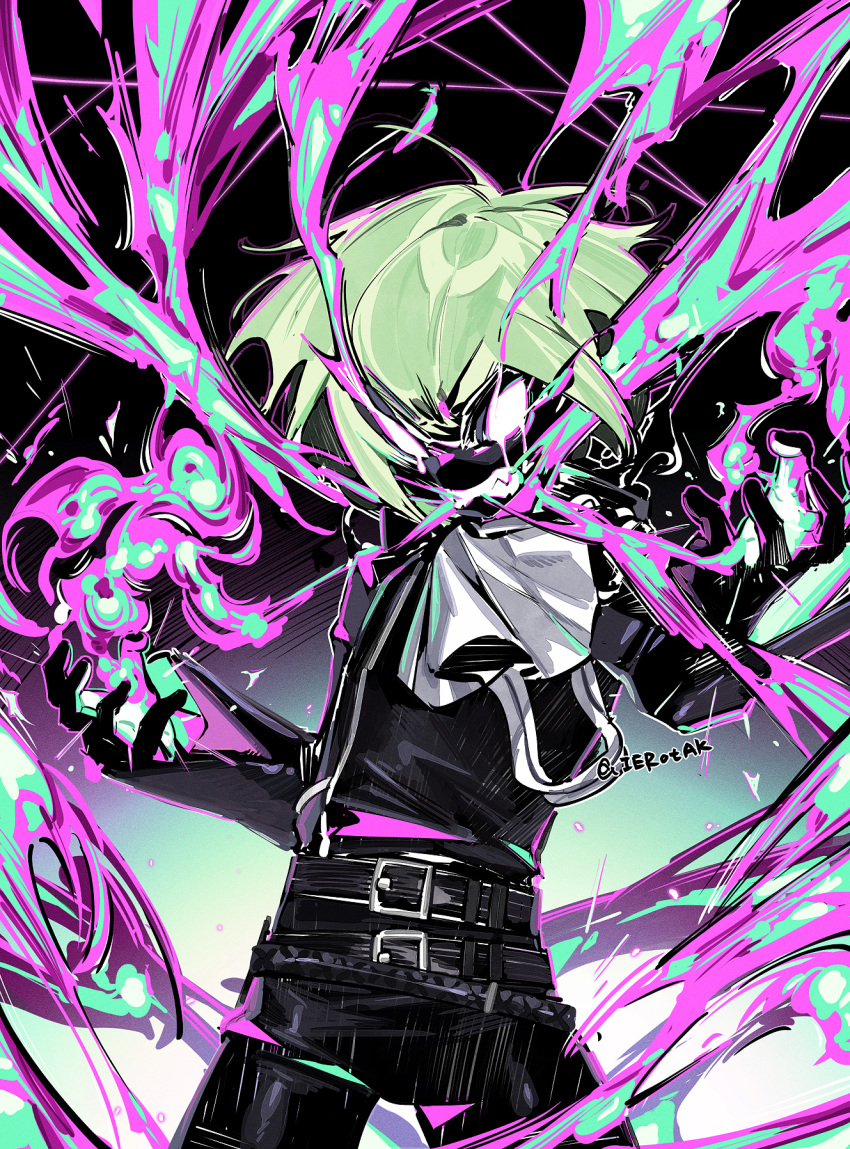 1boy, aqua_fire, belt, black_gloves, clenched_teeth, crying, crying_with_eyes_open, fire