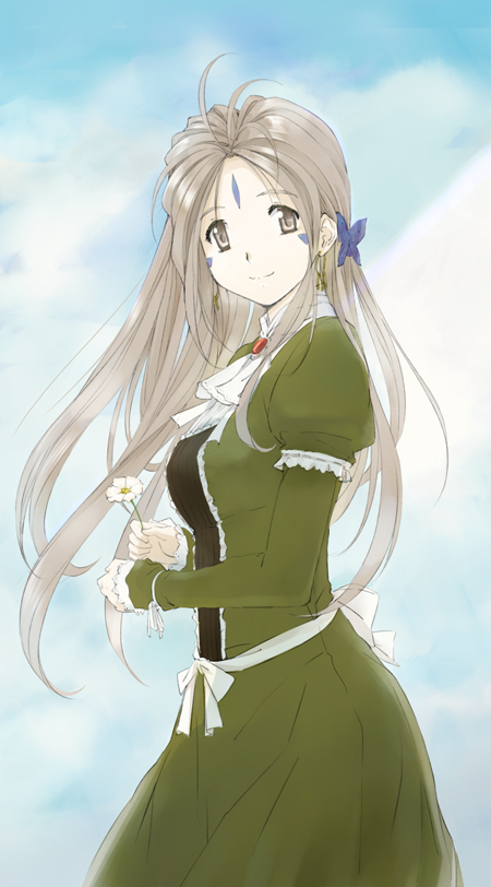 1girl, aa_megami-sama, ah_my_goddess, ahoge, antenna_hair, belldandy, breasts, brooch