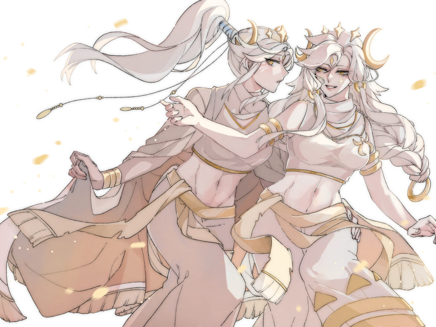 2girls, animal_ears, bangs, cat_ears, chuo4016, high_ponytail, highres, long_hair, looking_at_viewer, mao_mao_(sky:_children_of_the_light), moon_(ornament), multiple_girls, prophet_of_water, short_hair, simple_background, sky:_children_of_the_light, very_short_hair, white_hair, yuri