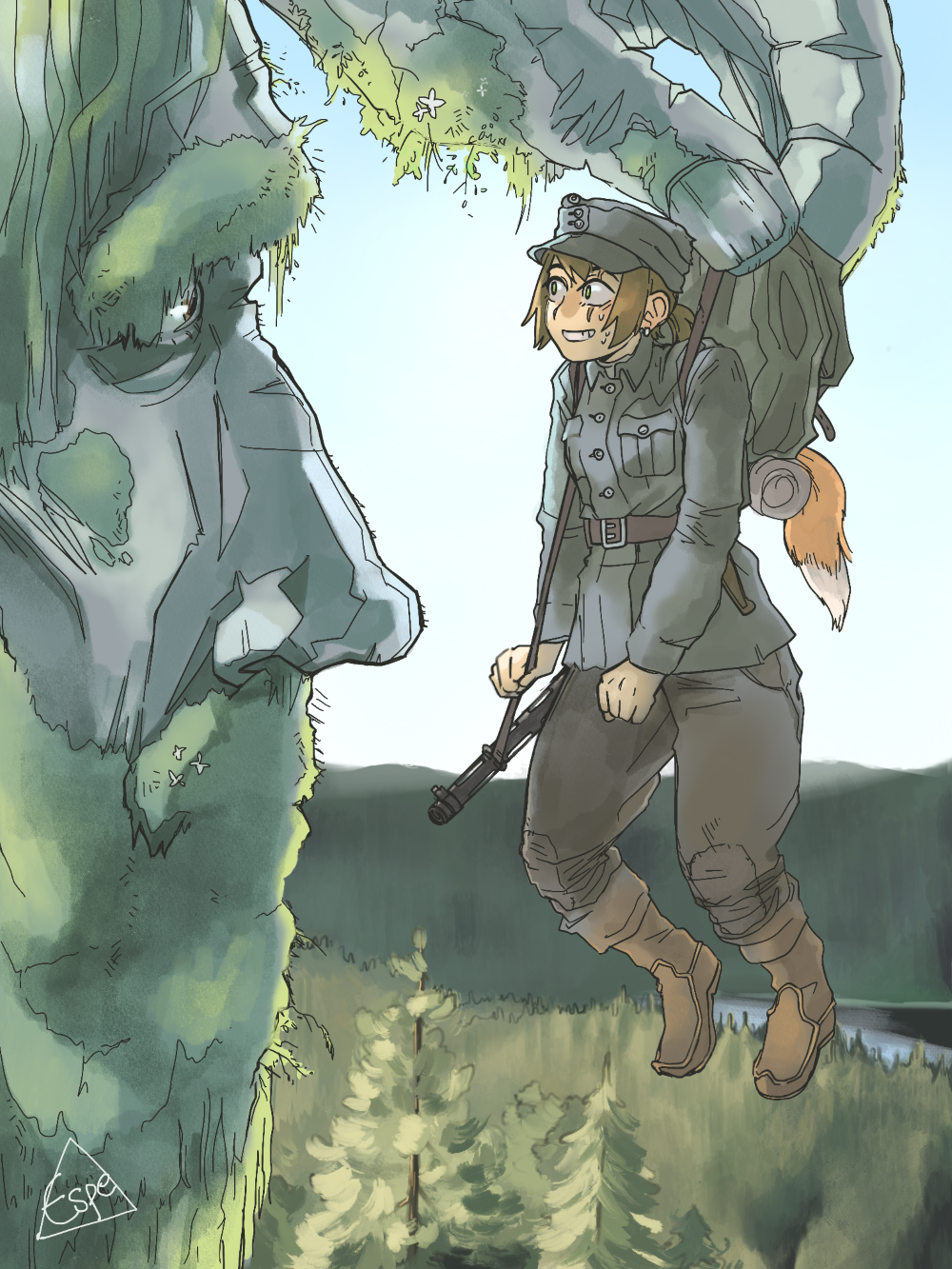 1boy, 1girl, backpack, bag, belt, blue_sky, boots, breast_pocket