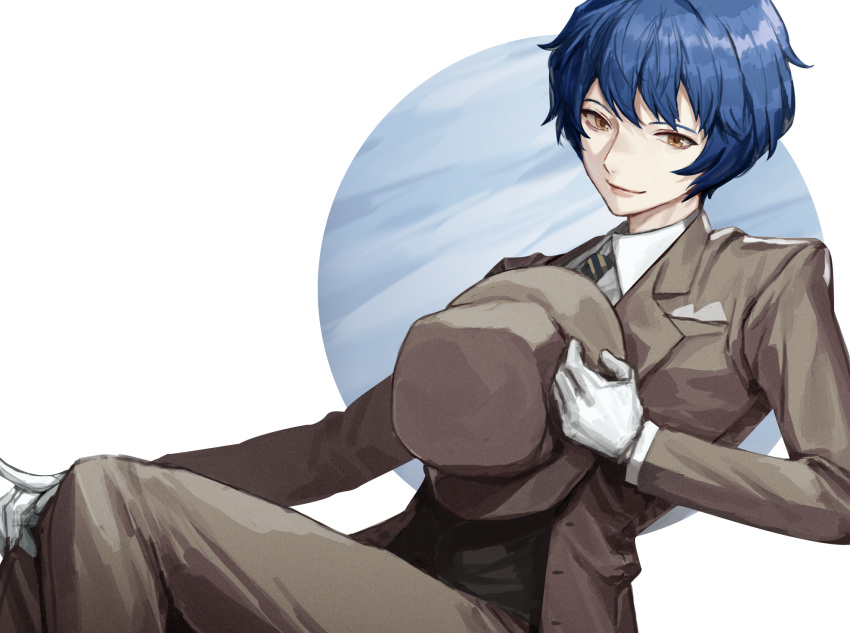 1boy, bangs, black_vest, blue_hair, brown_eyes, brown_headwear, brown_jacket, brown_pants