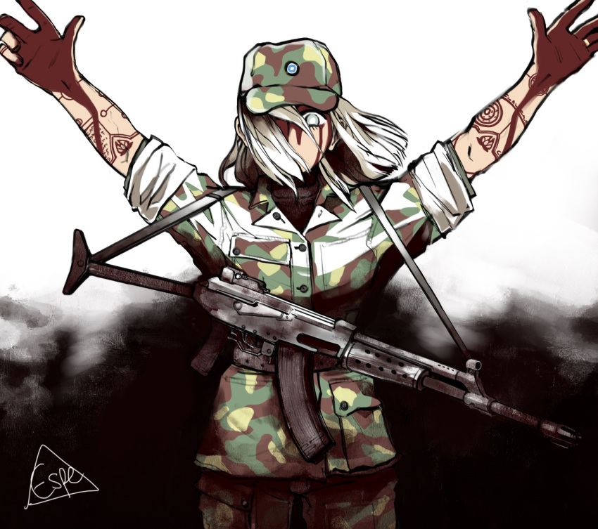 1girl, arms_up, assault_rifle, blood, blood_on_face, blood_on_hands, breast_pocket, breasts, camouflage, camouflage_headwear, camouflage_jacket, camouflage_pants, commentary, espedraws, finnish_army, finnish_commentary, grey_eyes, gun, hat, highres, jacket, magazine_(weapon), medium_breasts, military, military_uniform, occult, one_eye_covered, original, pants, pocket, rifle, rk62, sleeves_rolled_up, solo, uniform, weapon, white_hair