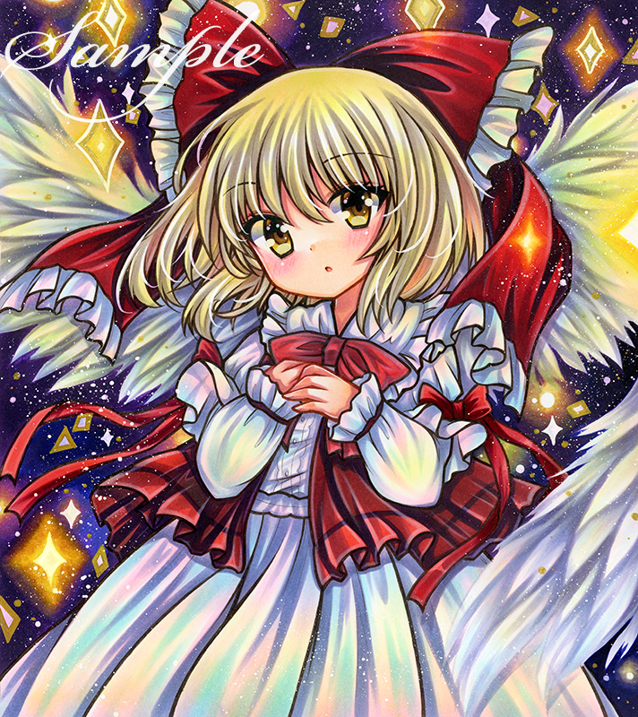 1girl, bangs, blonde_hair, blue_background, blush, bow, bowtie, cowboy_shot