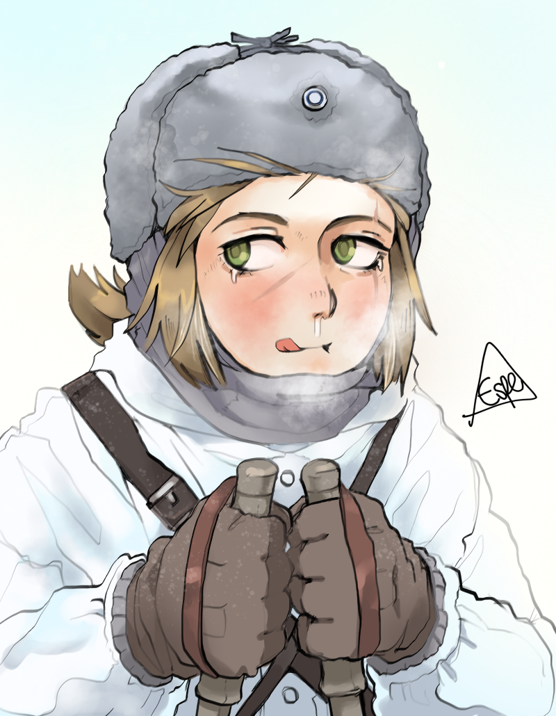 1girl, brown_gloves, brown_hair, espedraws, finnish_army, fur_hat, gloves, green_eyes