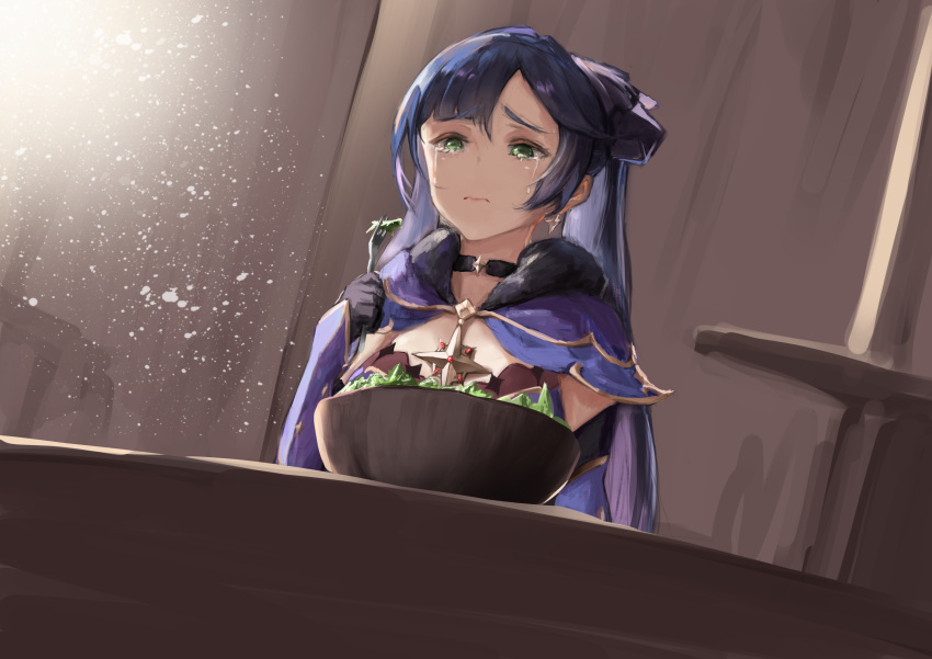 1girl, absurdres, bangs, black_choker, black_gloves, blue_capelet, blue_hair, bowl, capelet, choker, crying, crying_with_eyes_open, dark_blue_hair, detached_sleeves, eating, fork, fur_trim, genshin_impact, gloves, green_eyes, hair_behind_ear, highres, holding, holding_fork, mona_(genshin_impact), salad, solo, tears, twintails, victear