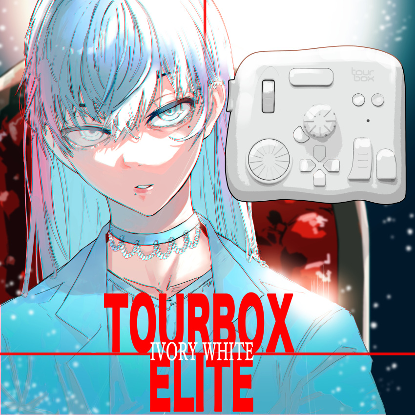 1girl, absurdres, blue_choker, blue_hair, blurry, blurry_background, choker, chromatic_aberration
