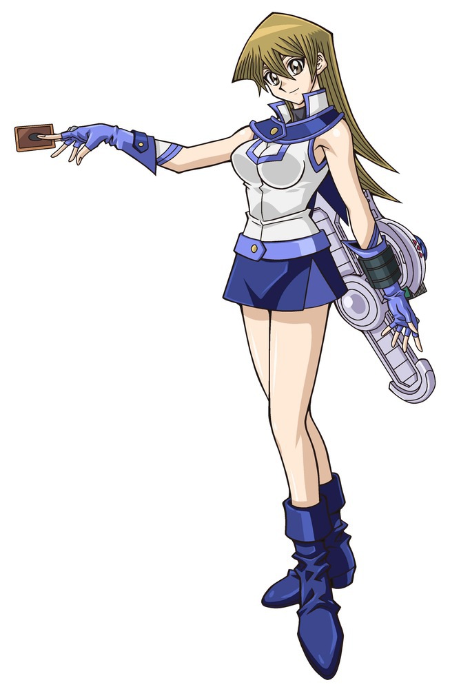 1girl, bare_legs, blonde_hair, blue_skirt, breasts, card, duel_academy_uniform_(yu-gi-oh!_gx), duel_disk