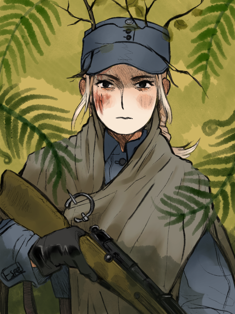 1girl, black_gloves, blonde_hair, blood, blood_on_face, blue_headwear, blue_jacket, brown_cloak