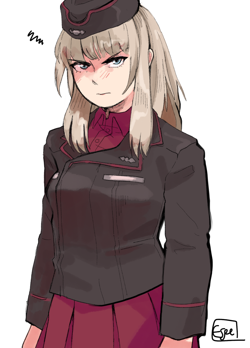 1girl, black_headwear, black_jacket, blonde_hair, blue_eyes, breasts, espedraws, garrison_cap