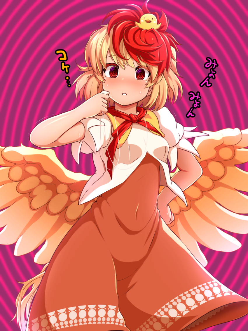 1girl, @_@, animal_on_head, bangs, bird, bird_on_head, bird_tail, bird_wings