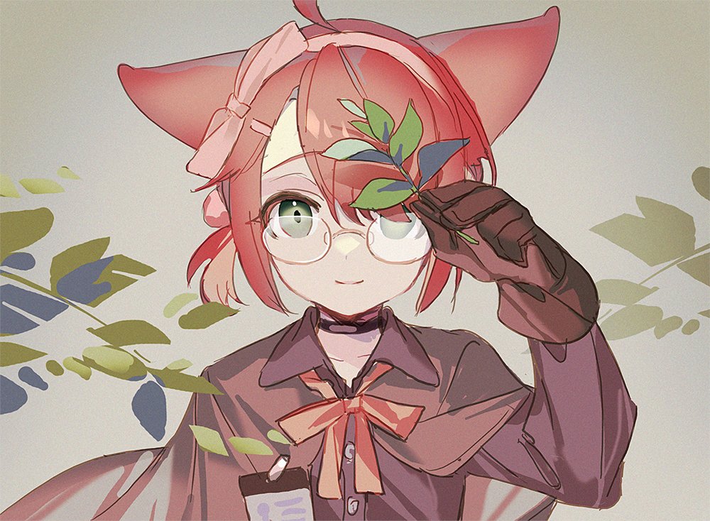 1girl, animal_ears, arknights, awa_iro, bangs, bow_hairband, brown_background, brown_capelet
