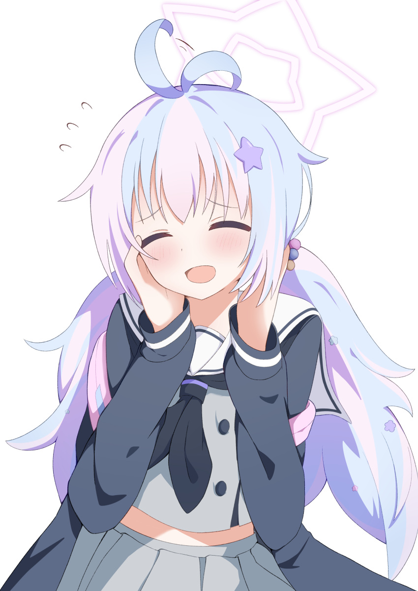 absurdres, ahoge, blue_archive, blue_hair, blush, closed_eyes, flying_sweatdrops, grey_serafuku