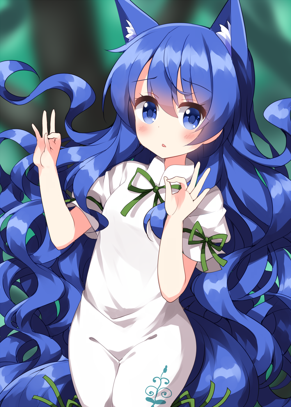 1girl, animal_ears, blue_eyes, blue_hair, blush, cosplay, fox_ears, green_ribbon