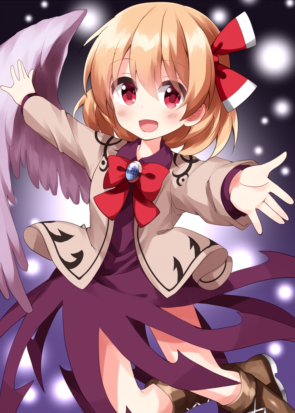 1girl, blonde_hair, boots, cosplay, feathered_wings, highres, kishin_sagume, kishin_sagume_(cosplay)