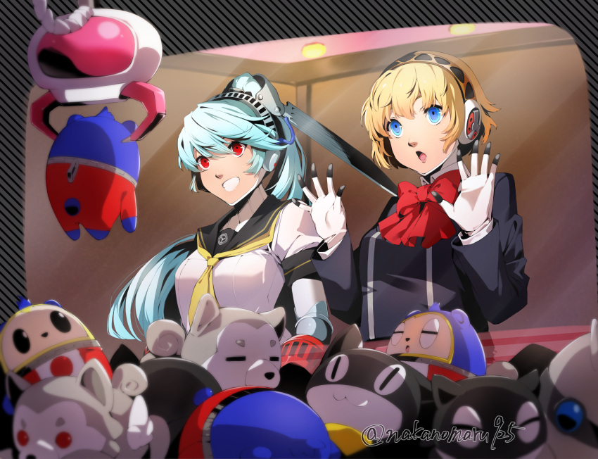 2girls, absurdres, aegis_(persona), blonde_hair, blue_eyes, crane_game, gekkoukan_high_school_uniform, highres