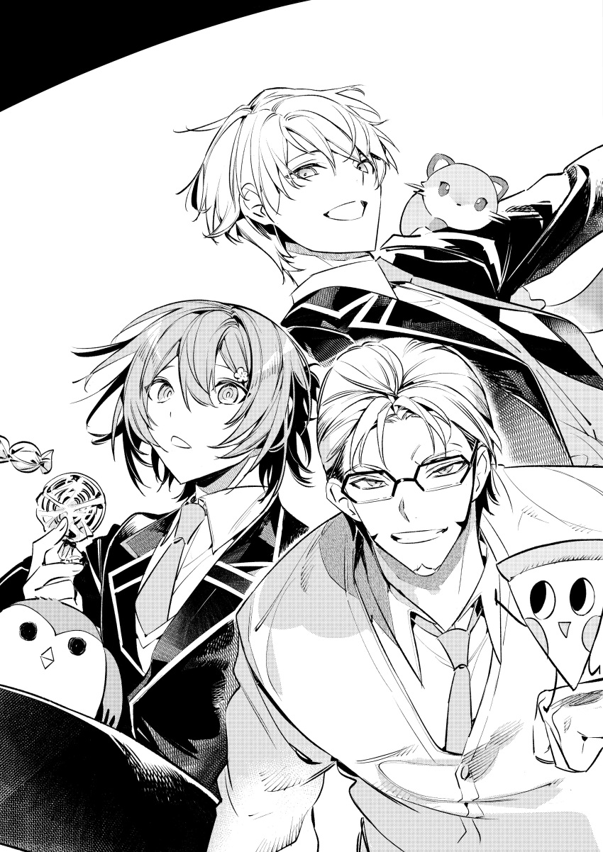 3boys, :d, absurdres, animal_on_shoulder, arurandeisu, bangs, beard, bird