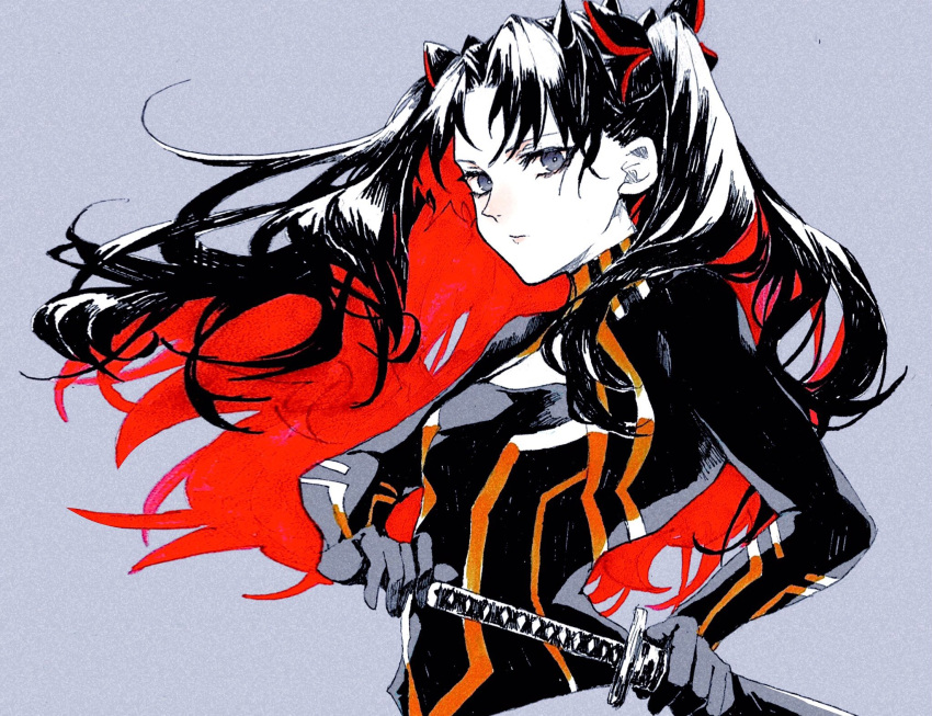 1girl, bangs, black_bodysuit, black_hair, bodysuit, breasts, closed_mouth, commentary_request, expressionless, fate/grand_order, fate_(series), gold_trim, grey_background, grey_eyes, highres, horns, ishtar_(fate), katana, long_hair, looking_at_viewer, multicolored_hair, nasubi_illust, parted_bangs, red_eyes, redhead, ribbon, simple_background, small_breasts, solo, space_ishtar_(fate), space_ishtar_(first_ascension)_(fate), sword, two-tone_hair, two_side_up, upper_body, very_long_hair, weapon
