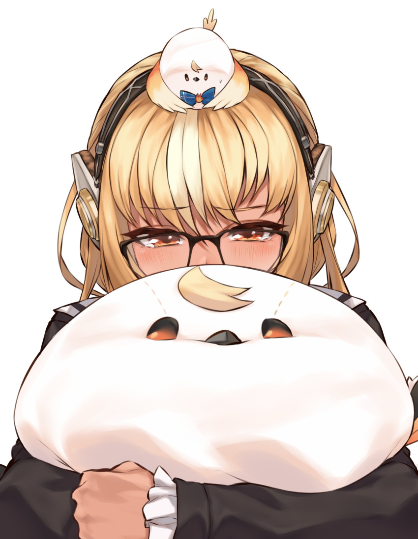 1girl, bird_pillow, blonde_hair, ckhd, dark-skinned_female, dark_skin, elfriend_(shiranui_flare), glasses
