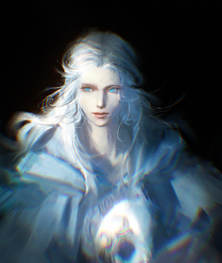 1girl, black_background, blue_eyes, capelet, chromatic_aberration, final_fantasy, final_fantasy_xiv, grey_capelet