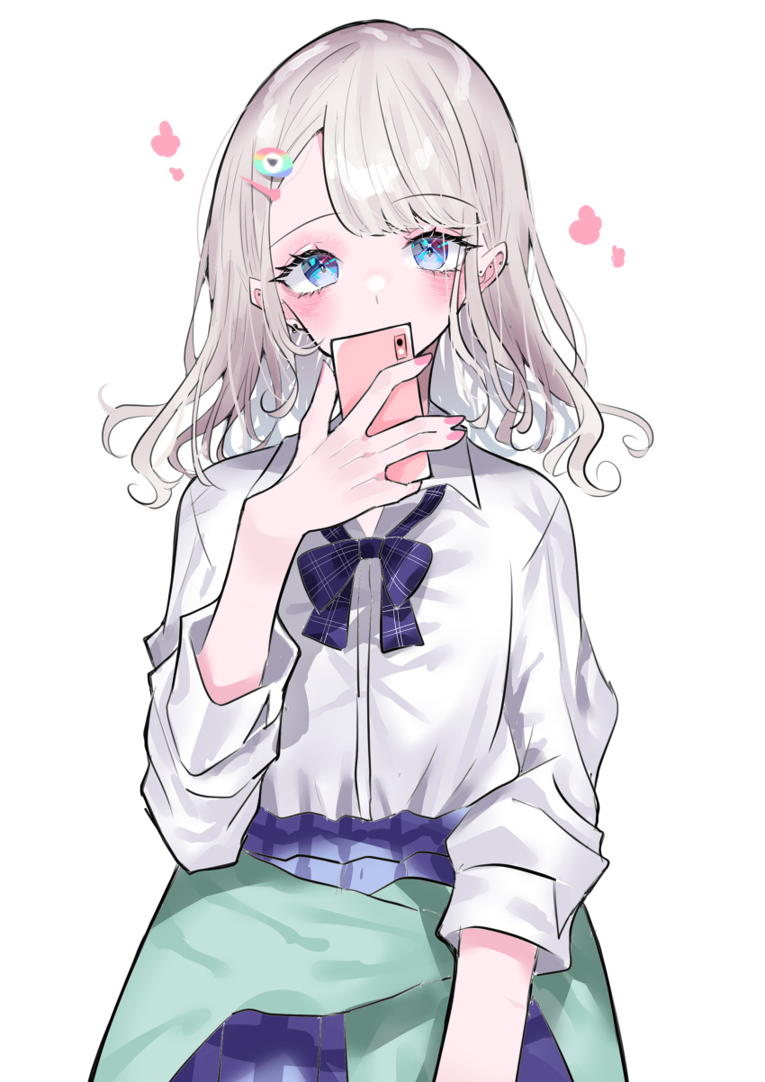 1girl, absurdres, artist_request, blue_eyes, bow, bowtie, cellphone, clothes_around_waist