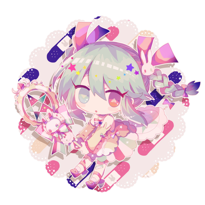 1girl, bandaid, bandaid_on_leg, bangs, bow, braid, bright_pupils, bunny_hair_ornament