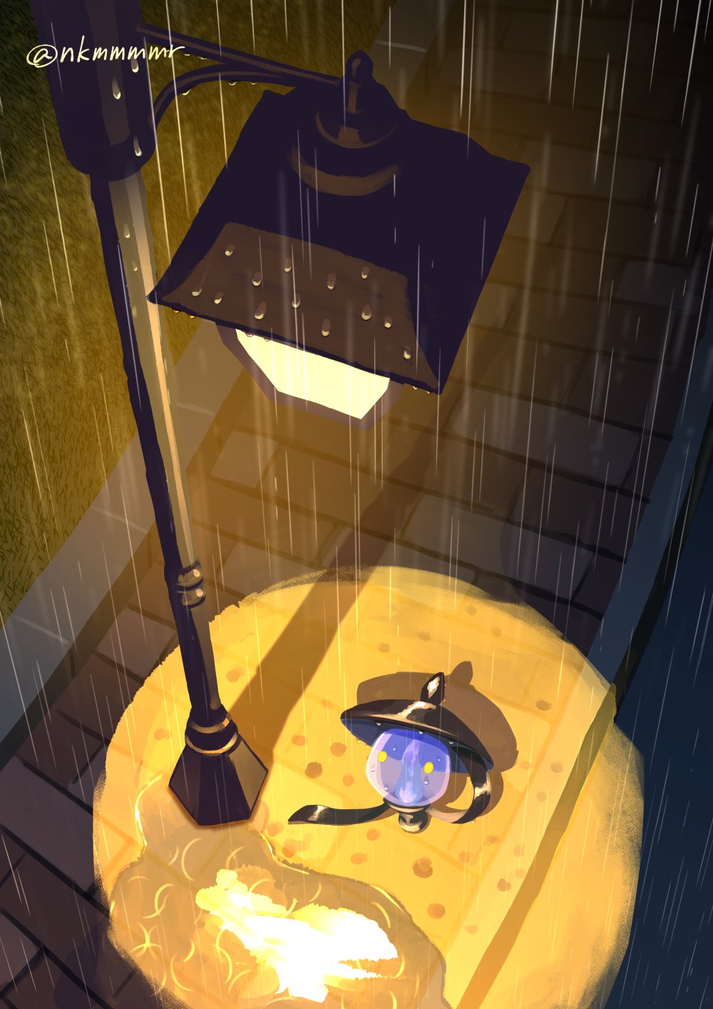 commentary_request, funahashi_(nkmmmmr), highres, lampent, lamppost, looking_up, night, no_humans