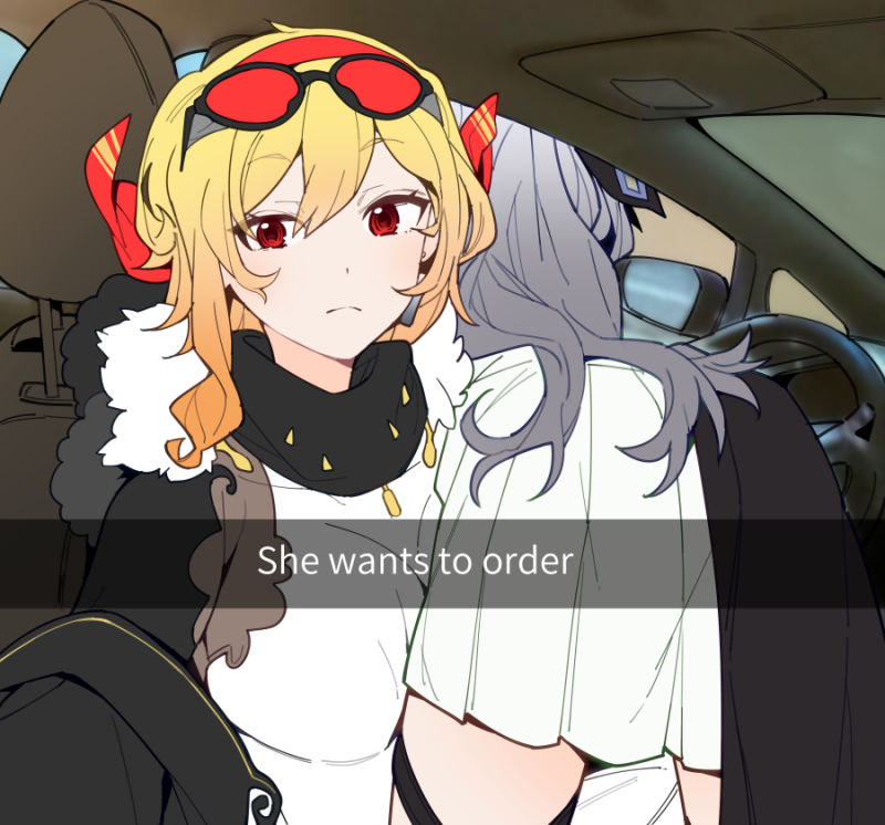 2girls, ass, bangs, blonde_hair, car_interior, drive-thru, english_text, eyewear_on_head