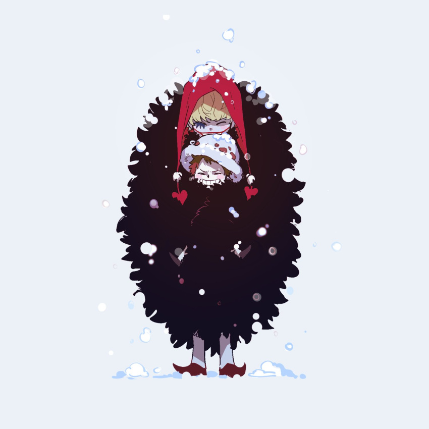 2boys, :d, black_hair, blonde_hair, closed_eyes, donquixote_rocinante, full_body, fur_coat