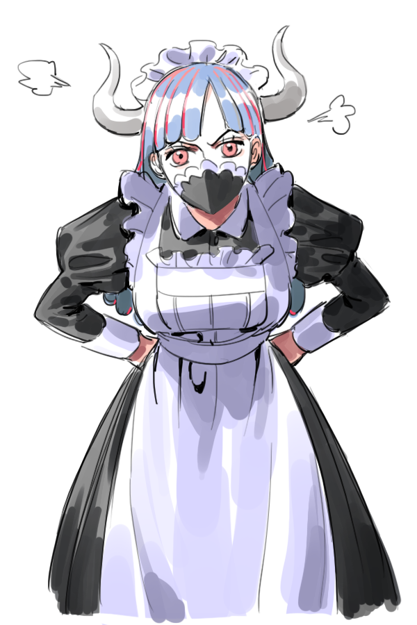 1girl, alternate_costume, apron, black_dress, blue_hair, breasts, commentary, covered_mouth