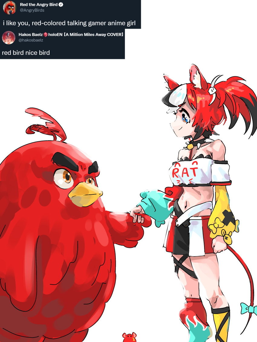 1girl, absurdres, angry_birds, animal_ears, bangs, bird, black_hair, blue_eyes