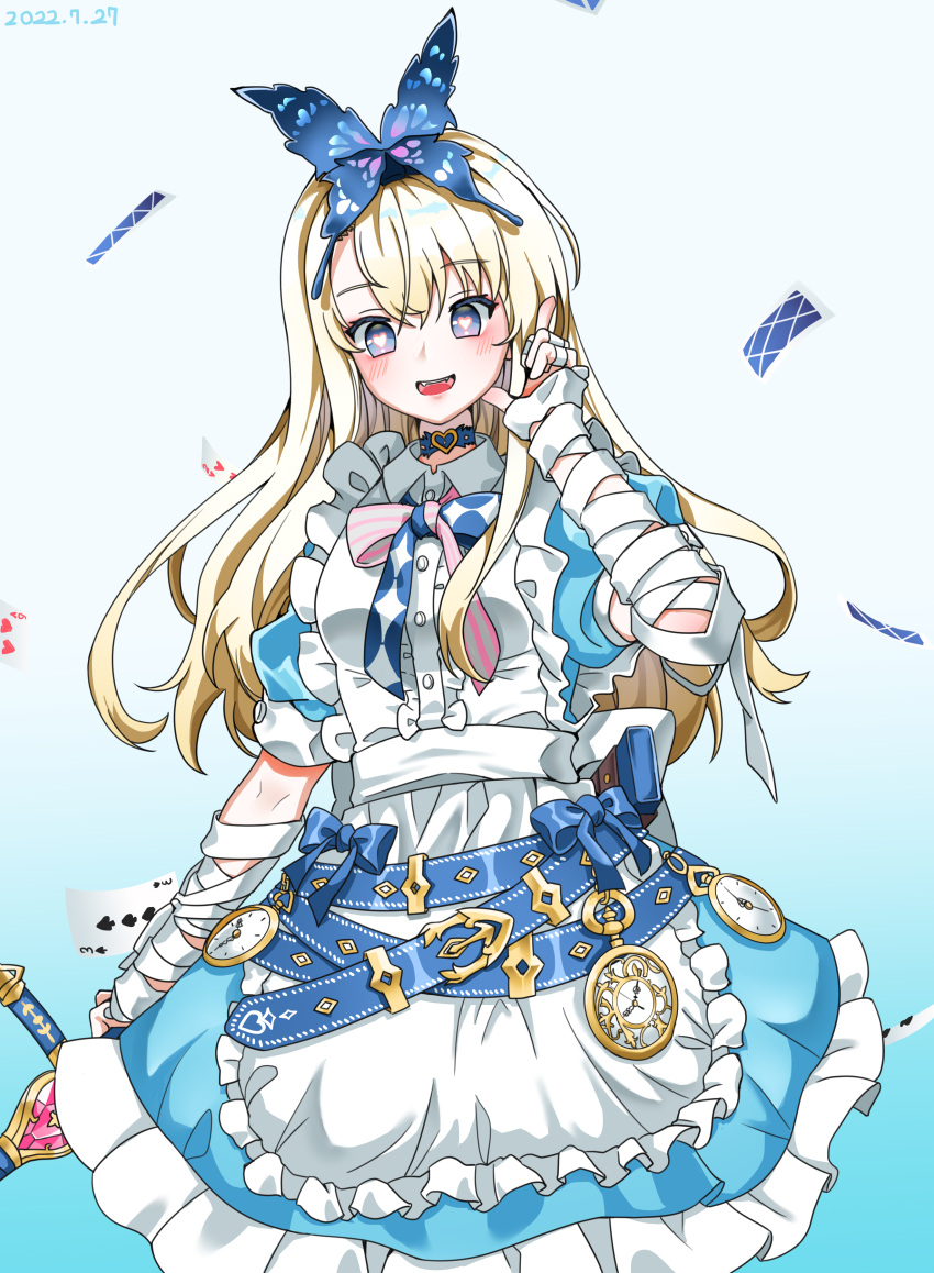 1girl, absurdres, alice_(grimlight), anastry_00, apron, arm_up, artist_name, bandaged_arm, bandages, bandaid, bandaid_on_hand, bangs, belt, blonde_hair, blue_background, blue_belt, blue_bow, blue_bowtie, blue_choker, blue_dress, blue_eyes, blue_hairband, blush, bow, bowtie, breasts, butterfly_hair_ornament, butterfly_wings, buttons, card, choker, clock, collared_dress, dress, fang, fangs, frills, gradient, gradient_background, grey_bow, grey_bowtie, grimlight, hair_between_eyes, hair_ornament, hairband, hand_up, heart, heart_in_eye, highres, holding, holding_weapon, long_hair, looking_at_viewer, medium_breasts, multicolored_bow, multicolored_bowtie, multicolored_eyes, open_mouth, pinafore_dress, pink_bow, pink_bowtie, playing_card, pointing, puffy_short_sleeves, puffy_sleeves, short_sleeves, smile, solo, standing, striped, striped_bow, striped_bowtie, sword, symbol_in_eye, teeth, tongue, violet_eyes, weapon, white_apron, white_background, white_bow, wings