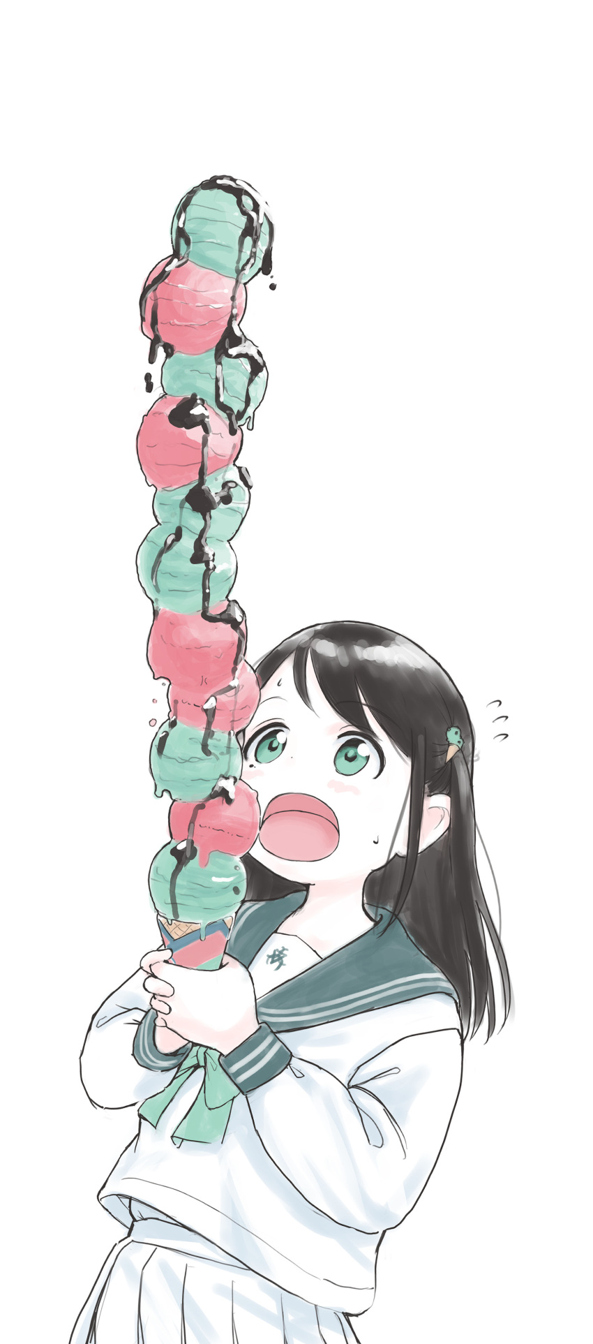 1girl, :o, absurdres, black_hair, chocolate_drip, food, frog_hair_ornament, green_eyes