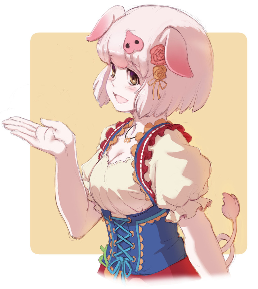 1girl, animal_ears, blue_corset, blush, commentary_request, corset, dirndl, dress